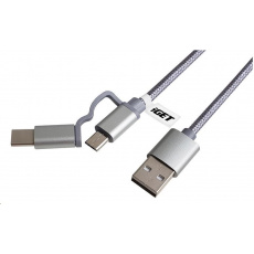 iGET G2V1 USB kabel 2v1, 1m, stříbrný, microUSB i USB-C, prodloužené koncovky