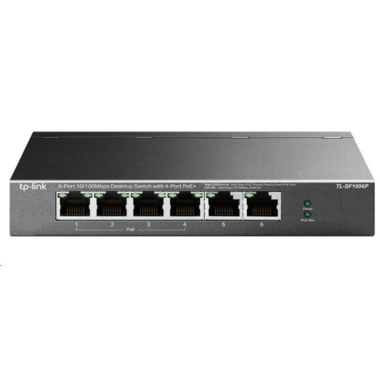 TP-Link switch TL-SF1006P, 6x 10/100Mb/s RJ45, Ports 1-4 PoE+ 67W, fanless