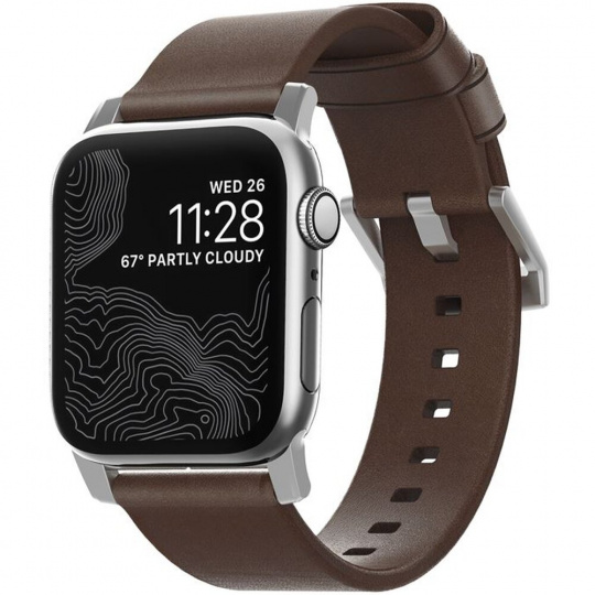 Nomad Modern kožený řemínek Apple Watch 45/44/42mm hnědý/stříbrné přezky