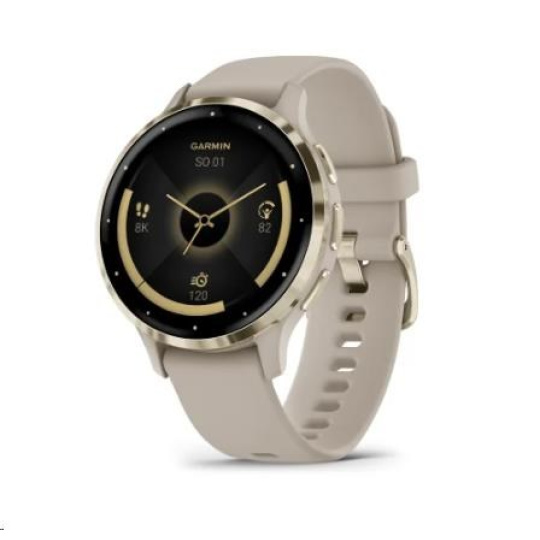 BAZAR - Garmin Venu® 3S, Nerezová luneta Soft Gold, pouzdro French Gray, silikonový řemínek - poškozený obal